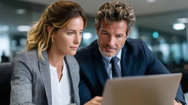Collaborative Insight: A focused business professional team deeply engaged in a discussion over a laptop computer, representing the essence of collaboration and focused analysis.