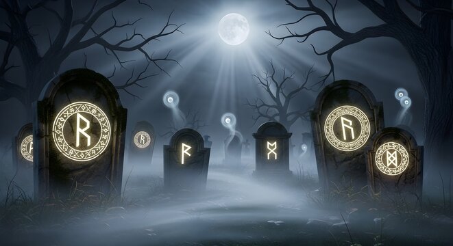 Runestone Graveyard Spooky Cemetery with Rune Tombstones