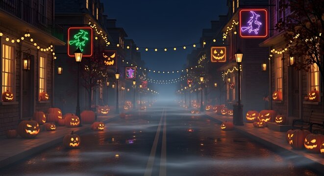 Halloween Street Scene Jack-o'-Lanterns, Decorations, Night