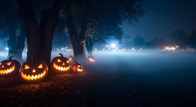 Halloween Pumpkins in Fog Spooky Night Scene, Jack-o'-lanterns