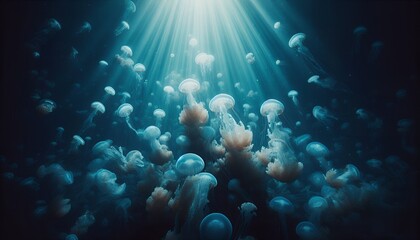 underwater scene with jeely fishes