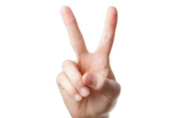 Human hand showing peace symbol with index and middle fingers raised, against a black background