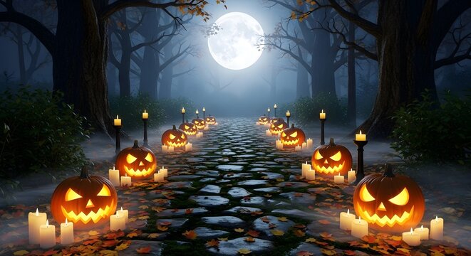 Halloween Night Jack-o'-Lanterns Path Under Moonlight