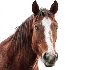 Fototapeta premium Majestic Brown Horse with White Blaze on White Background