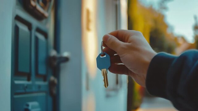 A locksmith holding a new key beside a modern door entrance in summertime, Generative AI Videos.