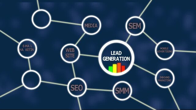 Lead Generation Strategy Concept. Integrating SEO, SMM, SEM, Email, Mobile, and Affiliate Marketing to Boost Customer Acquisition, Digital Reach, and Business Growth.