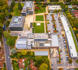 Drone image of Southampton University's engineering campus with modern buildings, green courtyards, and tree-lined surroundings in an urban residential setting