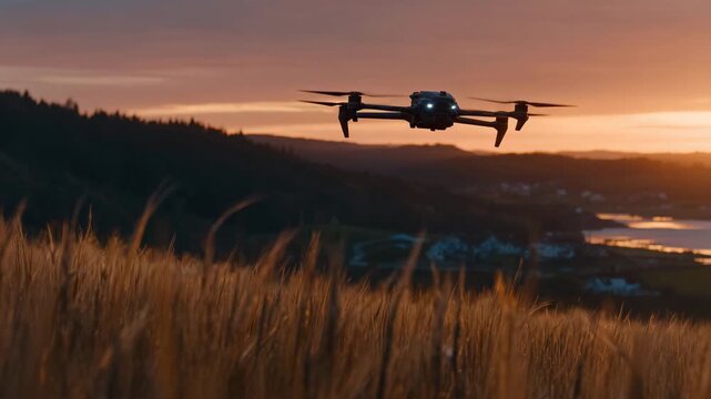 Shahed drone silhouetted against dusk sky over golden fields, wings glinting in last rays of sun, cinematic tension