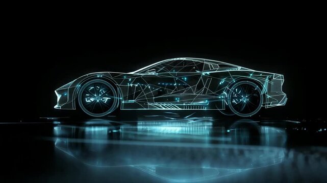 A futuristic car made of glowing digital lines and dots, symbolizing the integration of advanced technology in automotive design, Generative AI Videos.