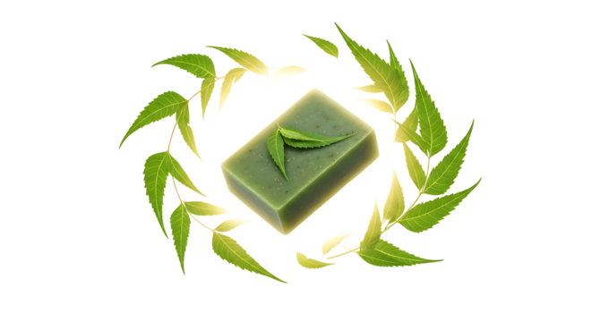 Neem soap bar with leaves isolated on transparent background