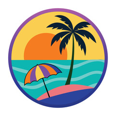 Obraz premium Tropical beach sunset scene with palm tree umbrella
