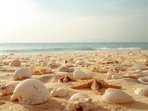 Seashells and starfish scattered on a sandy beach shoreline