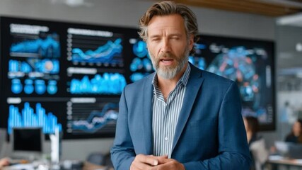 Data Visualization: A distinguished individual presents data, highlighting complex statistics and trends, suggesting analytical thinking. - Powered by Adobe