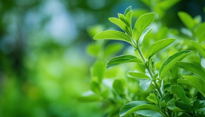 Obraz premium Green Stevia Plant: Organic, Low-Calorie Sweetener With Fresh Twig In Garden. Lush Green Bush Of Stevia For Natural Sweetness.