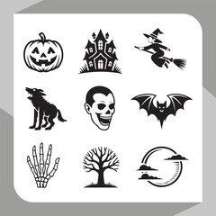 Black cat and spooky bat icons, a set of Halloween vector symbols for autumn holiday design, with a scary pumpkin illustration