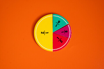 A circular wooden fraction puzzle shows parts labeled 1/2, 1/6, 1/8, and 1/5. Each piece is vibrantly colored—yellow, green, pink, and red—against a bright orange background, symbolizing math learning