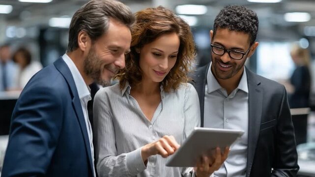 Collaboration in the Modern Workspace: Three professionals engaging in a meeting, immersed in the digital interface of a tablet. Reflecting on team work - Powered by Adobe