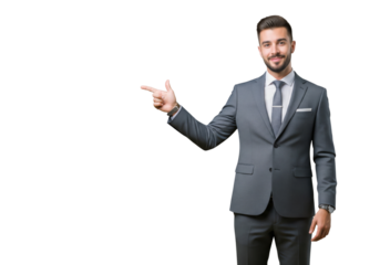 Business man pointing something isolated on white or transparent background
