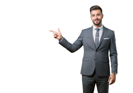 Business man pointing something isolated on white or transparent background