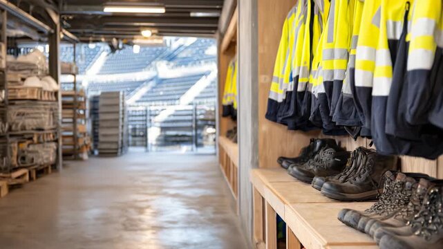 Wide shot of industrial changing area with safety jackets lined up in a row, helmets and boots neatly arranged below, concrete flooring reflecting light