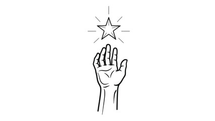 Hand reaching a star simple line art illustration concept achievement and aspiration isolated on white background