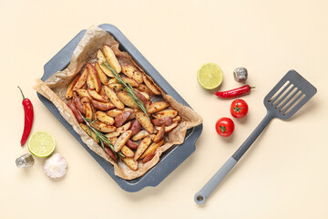 Baking tray with tasty baked potato and fresh vegetables on beige background, closeup