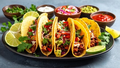 Vibrant and delicious authentic Mexican street tacos, generously filled with seasoned meat, fresh vegetables, and zesty sauces, served with colorful dips and fresh lime