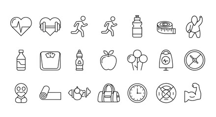 Collection of health and fitness vector icons, illustrating diverse wellness and lifestyle elements