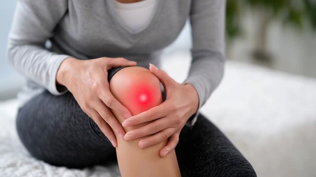Woman clutching her knee with a vivid red spot marking pain, simple white backdrop, clinical style