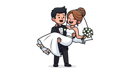 Delightful cartoon illustration of a groom carrying his bride celebrates their marital union