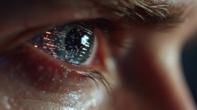 Futuristic eye reflecting cityscape, a glimpse into digital future with advanced technology and data streams, vision of tomorrow for innovation concepts