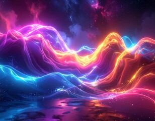 Digital painting of glowing cosmic waves with vibrant colors in space