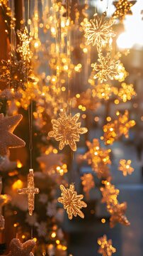 Glowing winter decorations create a festive atmosphere with shimmering snowflakes.