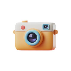 3d icon of a charming, stylized 3d render of an orange and white cartoon camera with a blue lens ring isolated on white