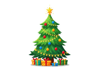 Festive Decorated Christmas Tree with Ornaments and Presents Holiday Season.