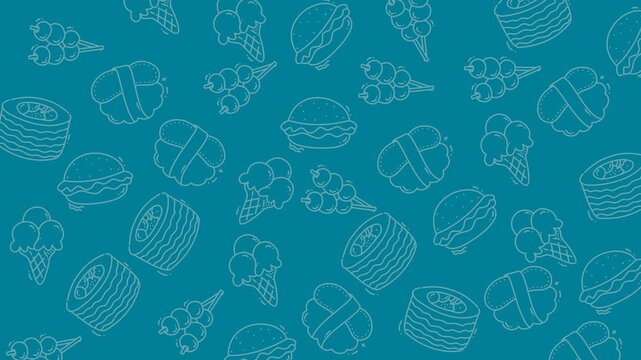 Food doodle art with ice cream sushi and burger patterns in teal. Perfect for foodrelated designs or menu backgrounds. Ideal for restaurants or food blogs.