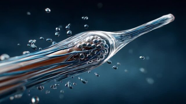 Microscopic fiber with Water droplets: A captivating, macro-level depiction showcasing a close-up of a fibrous structure, adorned with glistening water droplets, set against a deep blue background.