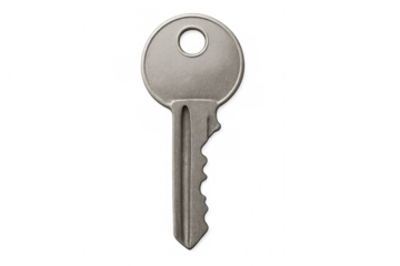 Single metal key representing security, access, unlocking, solution concept on transparent background