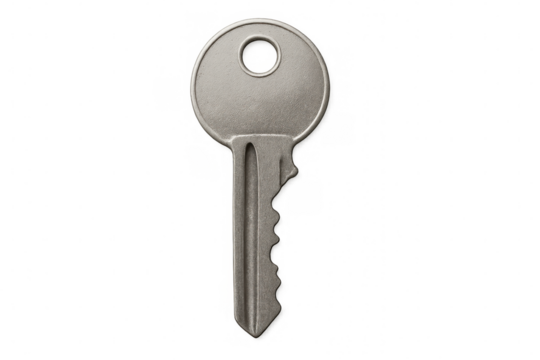 Single metal key representing security, access, unlocking, solution concept on transparent background