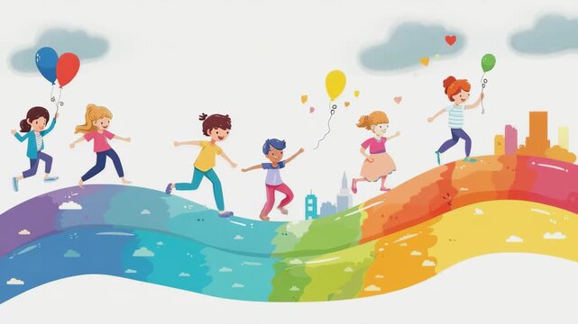 The children jump on the rainbow arrow, they hold balloons in their hands and dance happily, Generative AI Videos.