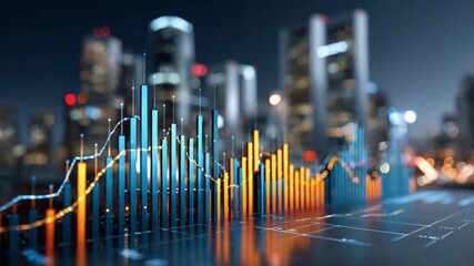 Cityscape Financial Visualization: A dynamic visualization of financial data set against a captivating cityscape. The data, represented by vivid charts and graphs. - Powered by Adobe