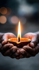  glowing diya held gently in human hands, radiating warm golden light], [light spreading outward, illumina