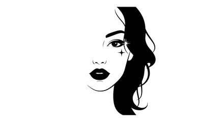 Monochrome illustration of a stylized woman's face with bold features and star accent