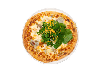 Top-down transparent PNG of vegetarian pizza with oyster mushrooms and four types of cheese on a white pizza plate . Perfect for menus, restaurants, and food design projects.