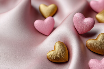 Obraz premium 3d illustration of pink and gold hearts scattered on satin fabric, luxury romantic flat lay, soft textures,