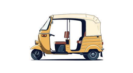 Stylized depiction of a classic yellow auto rickshaw against a white background