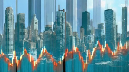 Urban Landscape with Economic Data Overlay: A dynamic representation of the financial world unfolds, seamlessly blending a cityscape with an overlay of economic data visualizations. - Powered by Adobe