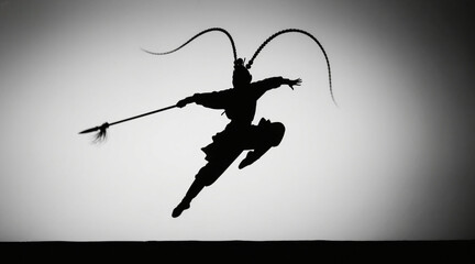 Silhouettes of Chinese opera characters, silhouettes of opera warrior characters, leaping into the air, with spears dragging out arcs