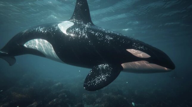 Majestic orca whale gliding through ocean waters, a powerful symbol of marine life and conservation, perfect for documentaries and educational content
