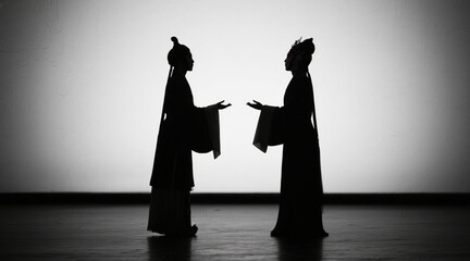 Silhouettes of Chinese opera characters, two people facing each other, beautiful dramatic conflict